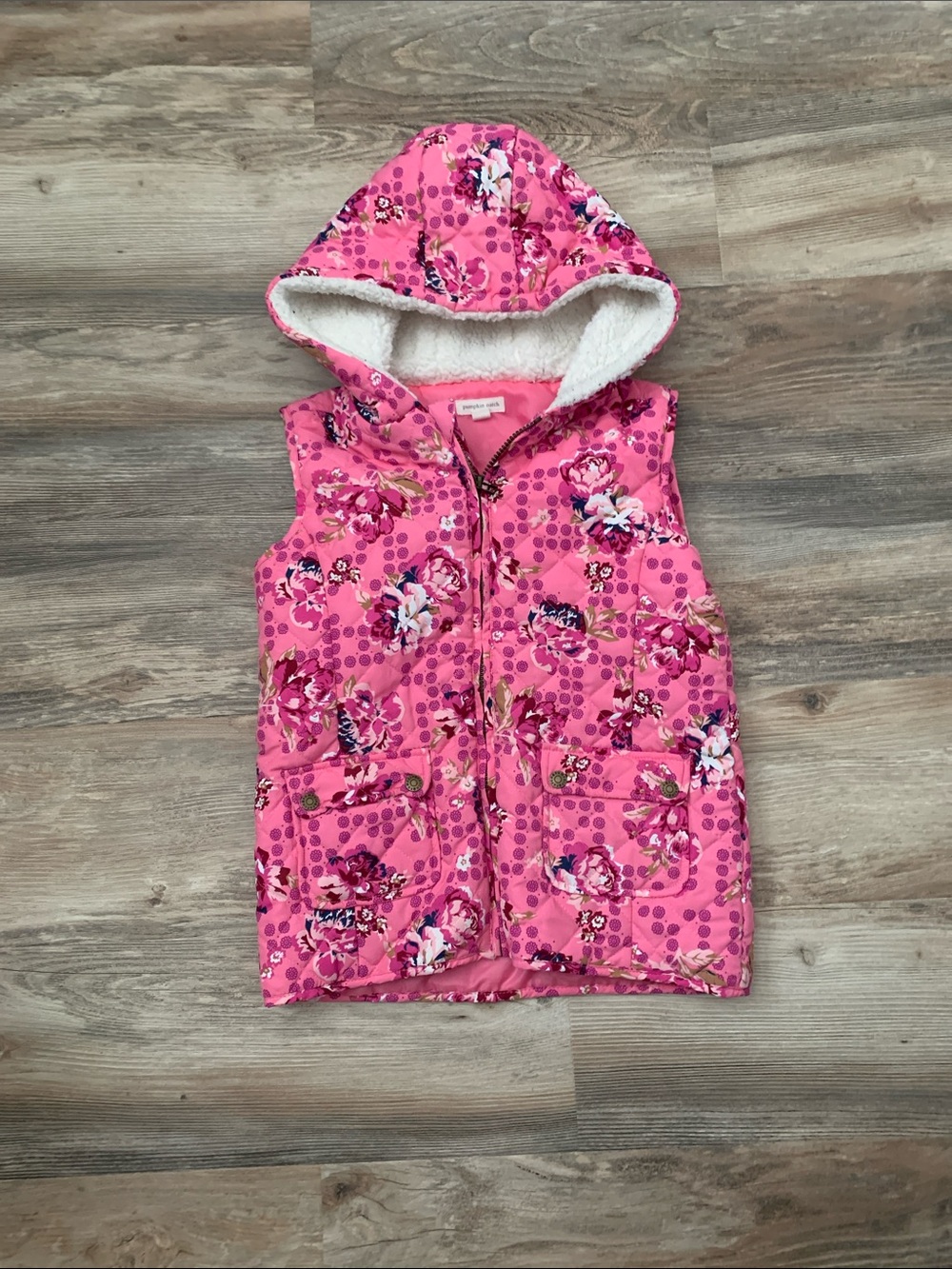 Pumpkin patch - Pink Floral Hooded Quilted Kids Vest 11